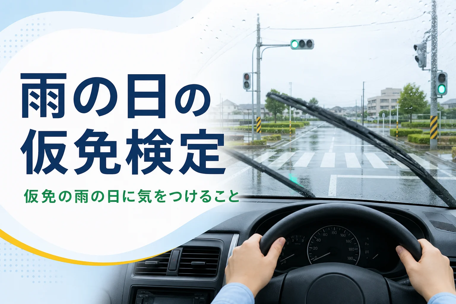 雨の日の仮免検定で気をつけることを紹介する記事のアイキャッチ。雨の教習所のコースを運転席から見た景色