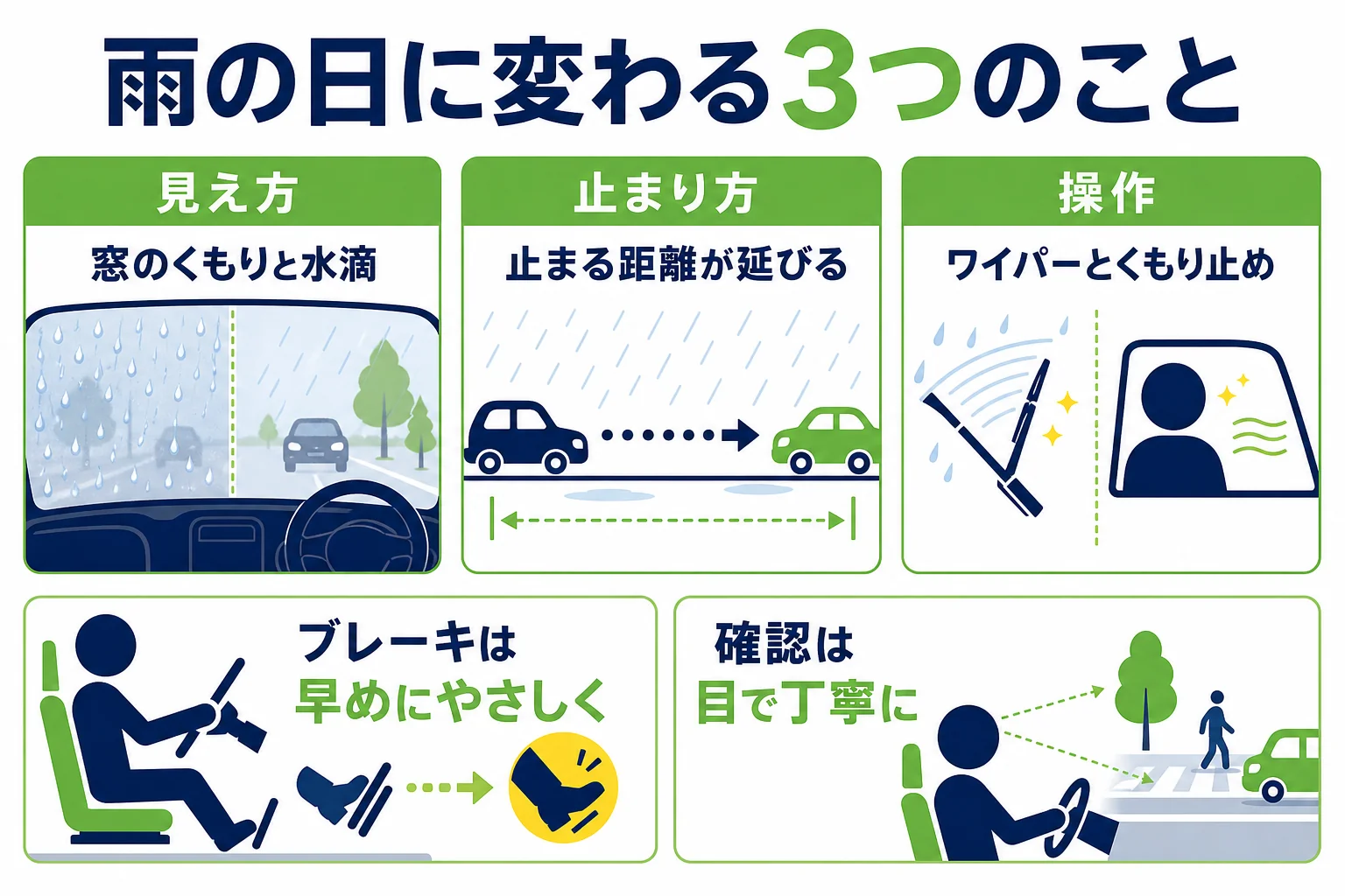雨の日の検定で変わることを、見え方・止まり方・操作の3つに分けて並べた図解
