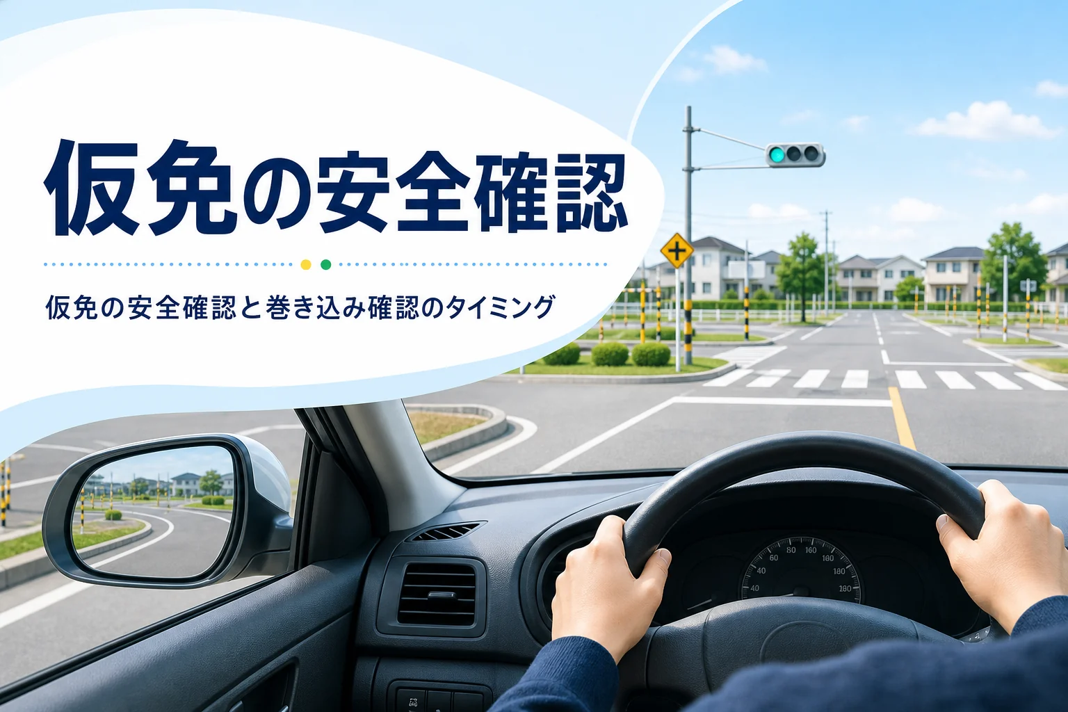 仮免の安全確認と巻き込み確認のタイミングを紹介する記事のアイキャッチ。教習車の運転席から見たドアミラー