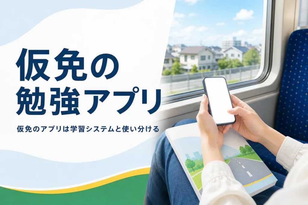 仮免の勉強アプリと教習所の学習システムの使い分けを紹介する記事のアイキャッチ。スマートフォンと教本を持つ手元