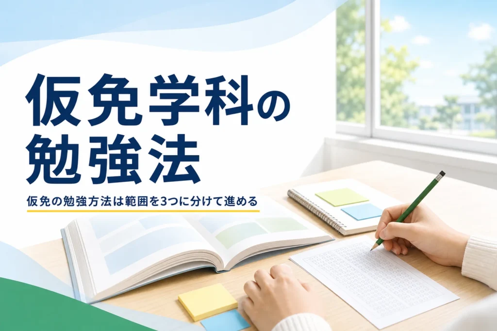 仮免学科の勉強方法を紹介する記事のアイキャッチ。学科教室の机に教本とマークシートが置かれている