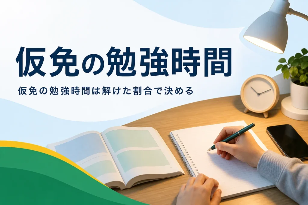 仮免の勉強時間の目安と一夜漬けで間に合うかを紹介する記事のアイキャッチ。夜の机に教本と時計が置かれている