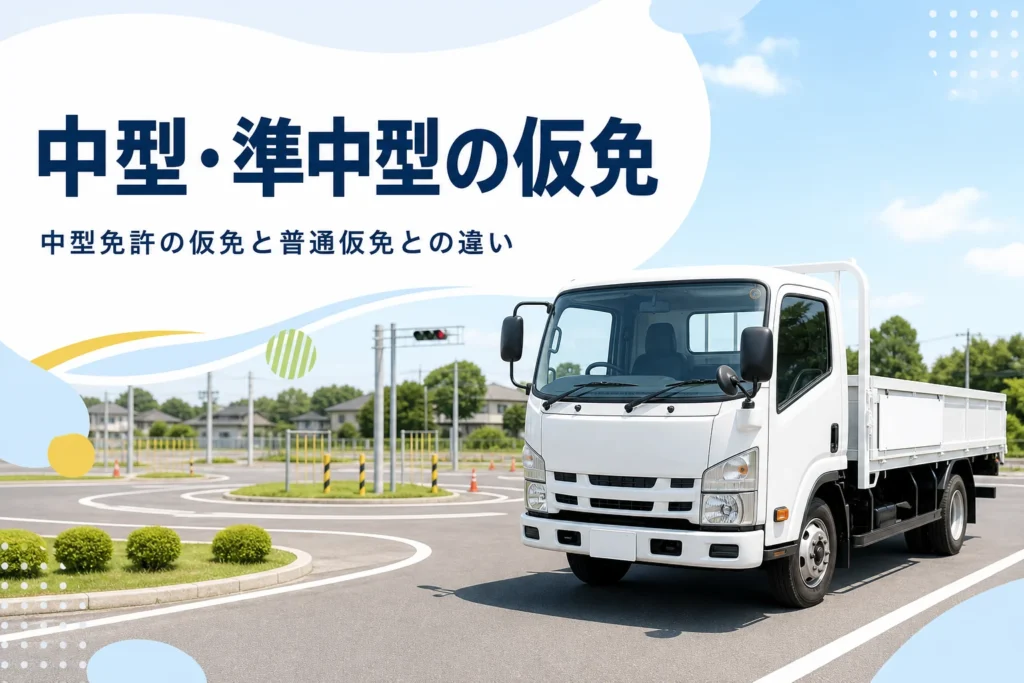 中型免許の仮免と準中型仮免許が普通仮免とどう違うかを紹介する記事のアイキャッチ。教習所のコースに止まる中型トラック