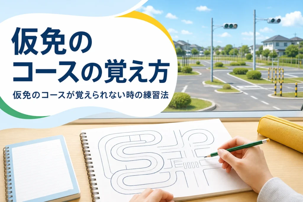 仮免のコースが覚えられない時の覚え方とルートの練習法を紹介する記事のアイキャッチ。机の上のコースのメモ