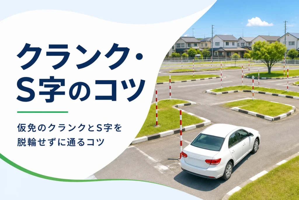 仮免のクランクとS字を脱輪せずに通るコツを紹介する記事のアイキャッチ。教習所のクランクのコース