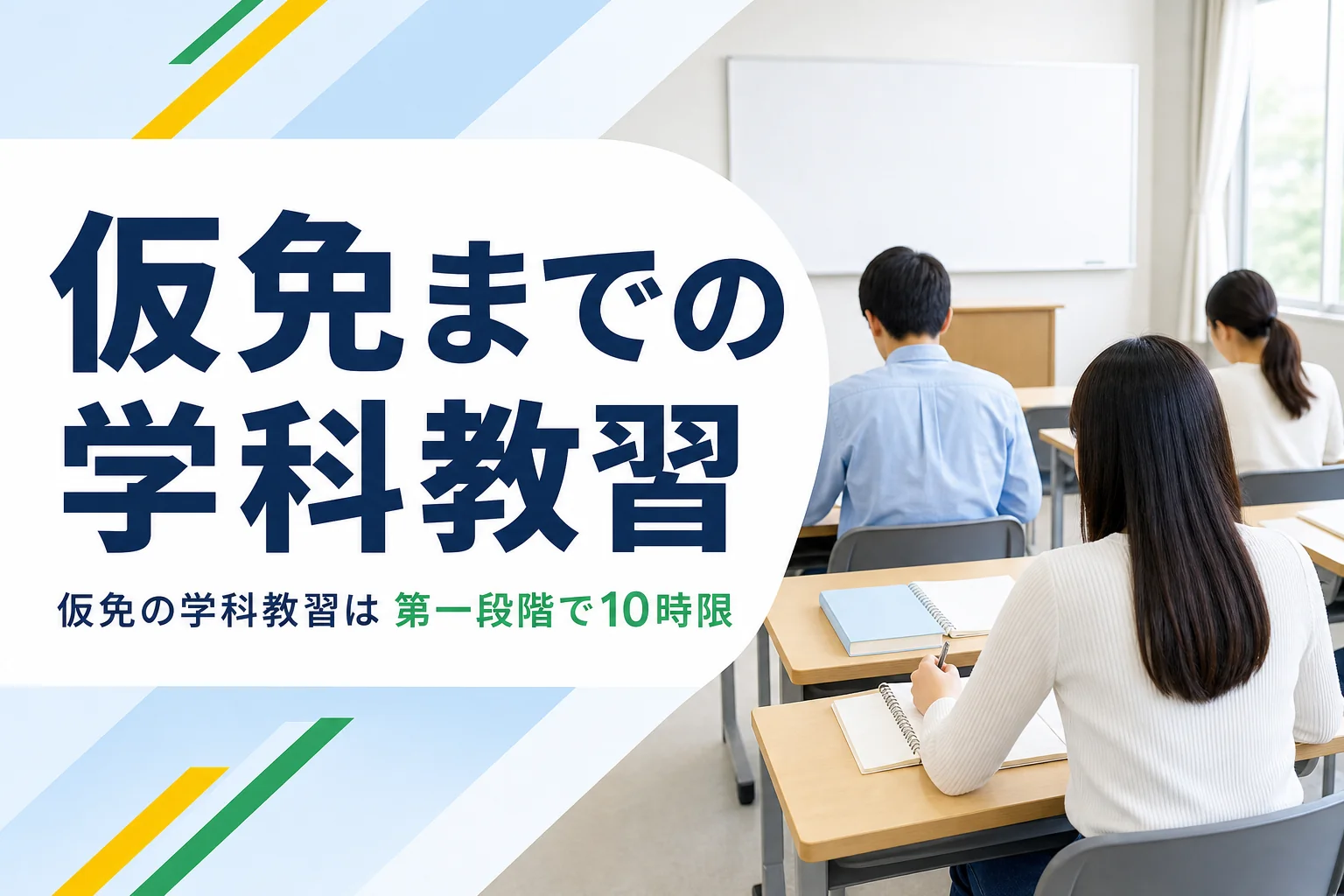 仮免までに受ける第一段階の学科教習を紹介する記事のアイキャッチ。教習所の学科教室で授業を受ける後ろ姿