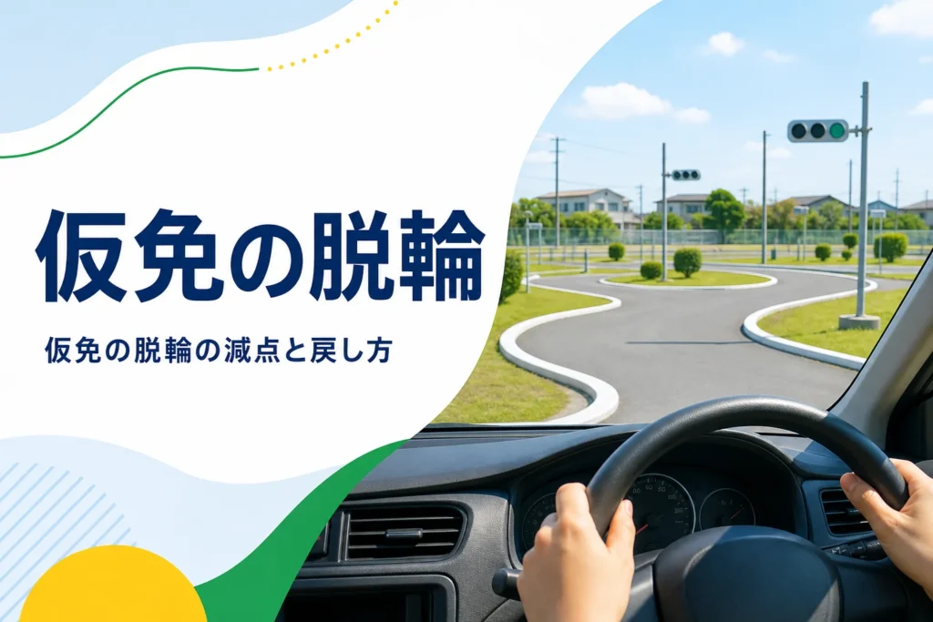 仮免の脱輪の減点と戻し方を紹介する記事のアイキャッチ。教習所のS字コースを運転席から見た景色