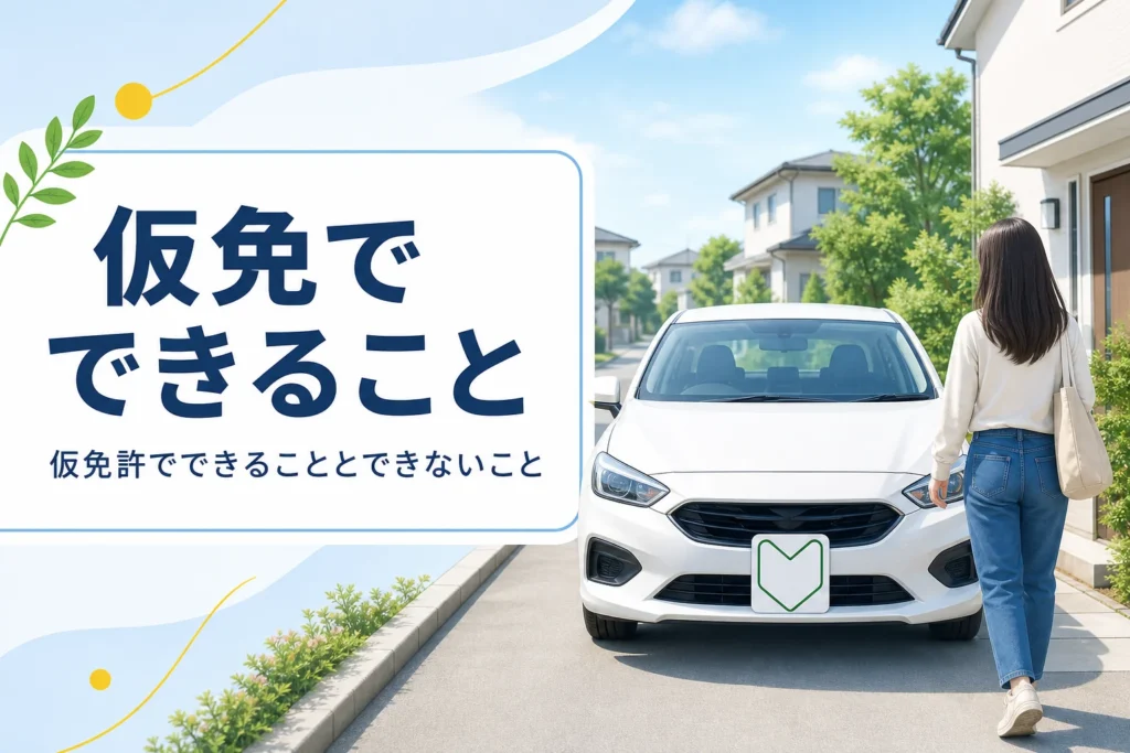 仮免許でできることとできないことを紹介する記事のアイキャッチ。標識を付けて家の前に止めた車