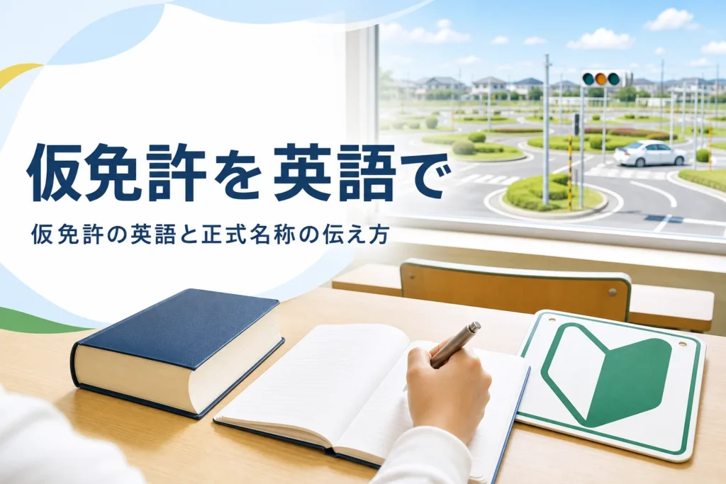仮免許を英語でどう伝えるか、正式名称や略し方を紹介する記事のアイキャッチ。学科教室の机と辞書