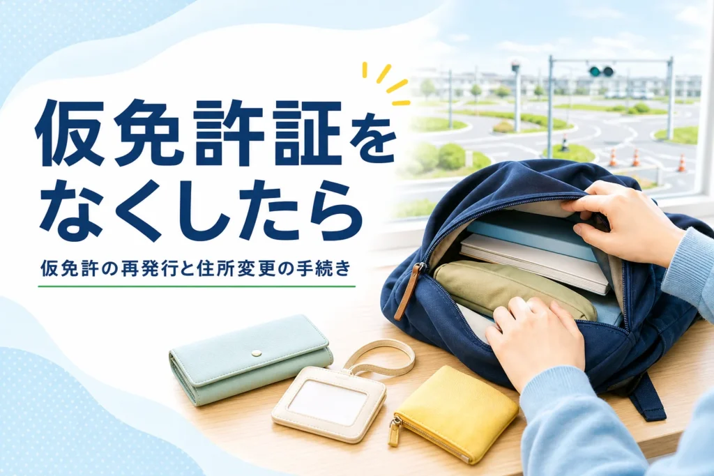 仮免許証をなくした時の再発行と住所変更の手続きを紹介する記事のアイキャッチ。リュックの中を探す手元