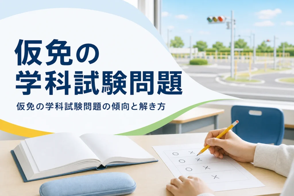 仮免の学科試験問題の出題の傾向と解き方のコツを紹介する記事のアイキャッチ。学科教室の机の問題用紙と教本