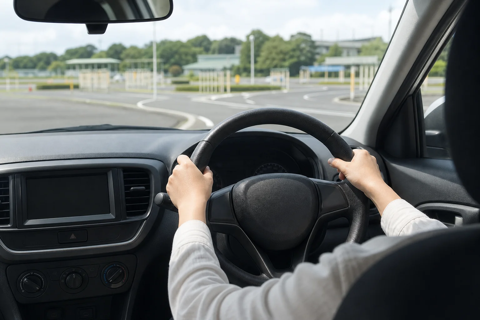 教習車の運転席で、シートの位置を合わせてからハンドルに両手をかけている手元の写真