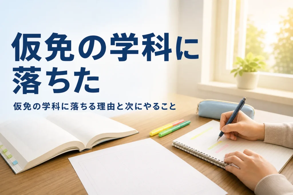 仮免の学科試験に落ちた時の立て直し方を紹介する記事のアイキャッチ。教本とノートを広げて見直している手元