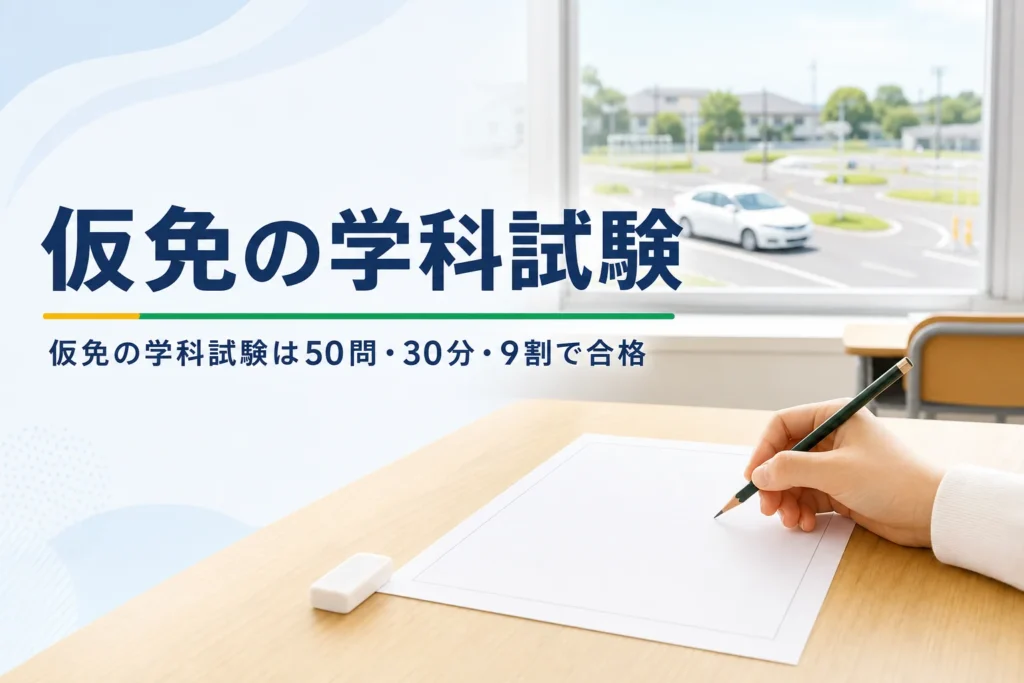 仮免の学科試験の問題数・時間・合格点と当日の流れを紹介する記事のアイキャッチ。学科教室の机に置かれた解答用紙と鉛筆