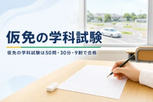仮免の学科試験の問題数・時間・合格点と当日の流れを紹介する記事のアイキャッチ。学科教室の机に置かれた解答用紙と鉛筆