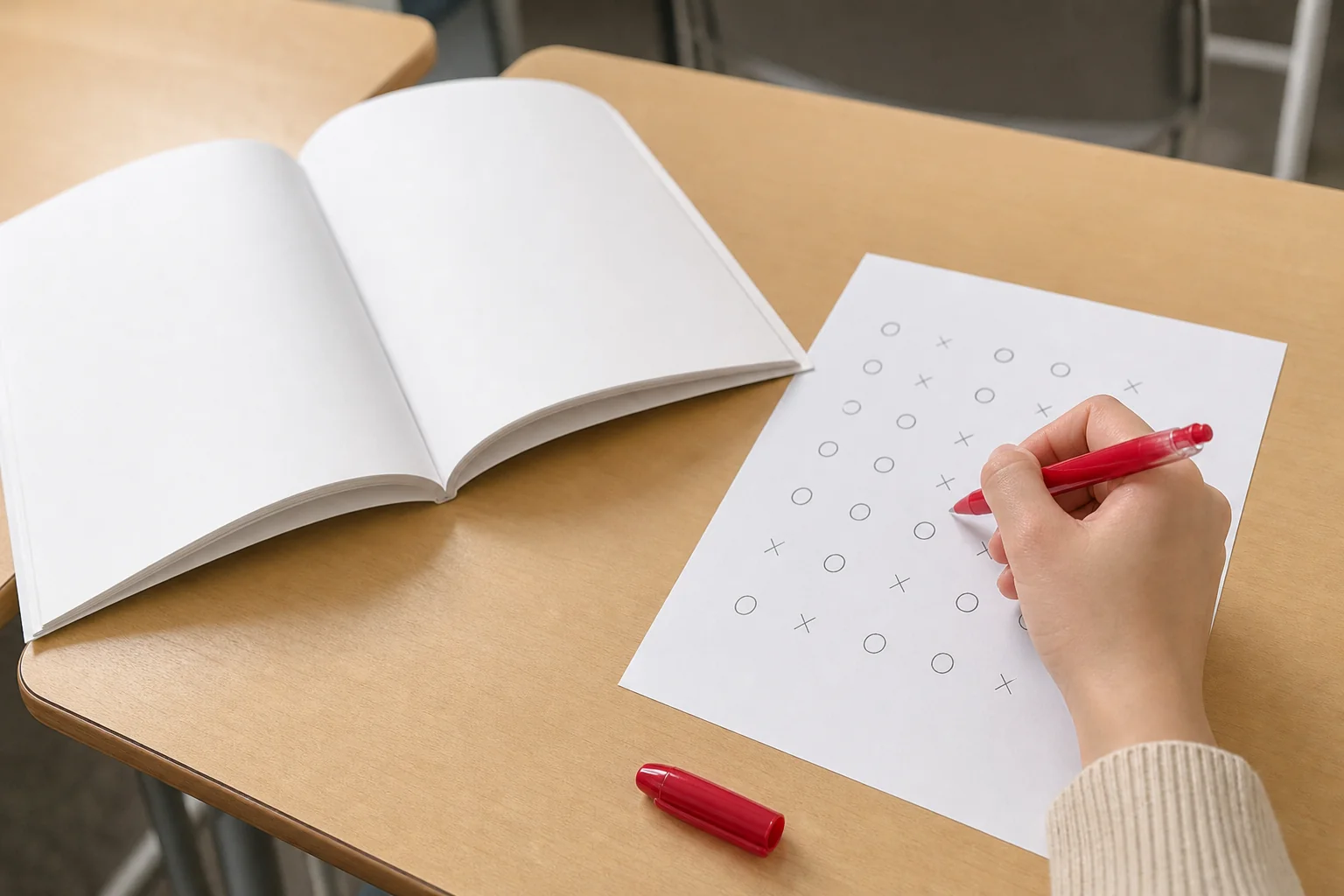 仮免の学科試験に向けて、教習所の学科教室の机で問題を解き直している手元の写真
