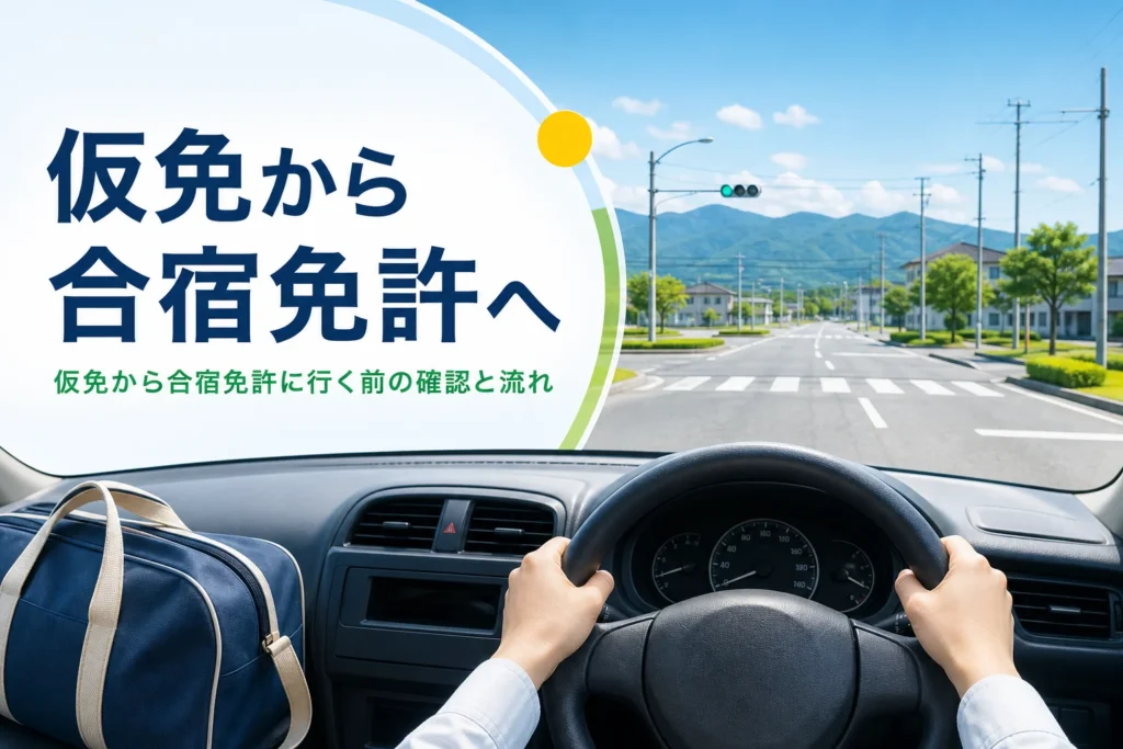仮免から合宿免許に参加する流れと確かめることを紹介する記事のアイキャッチ。教習車の運転席から見た合宿先の教習所
