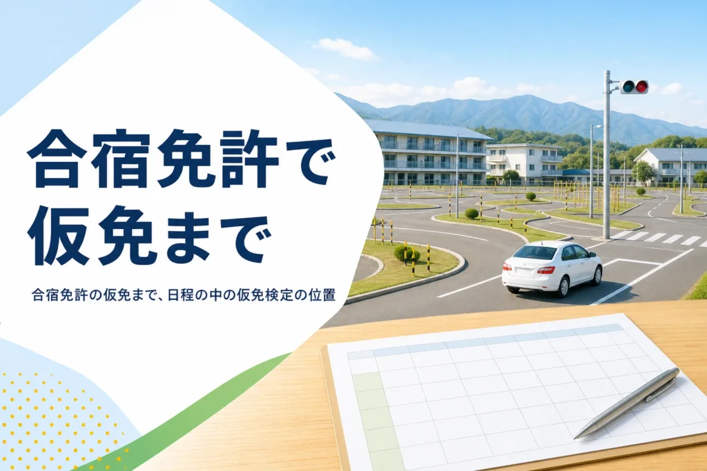 合宿免許で仮免までの日程と仮免検定の位置を紹介する記事のアイキャッチ。合宿先の教習所のコース