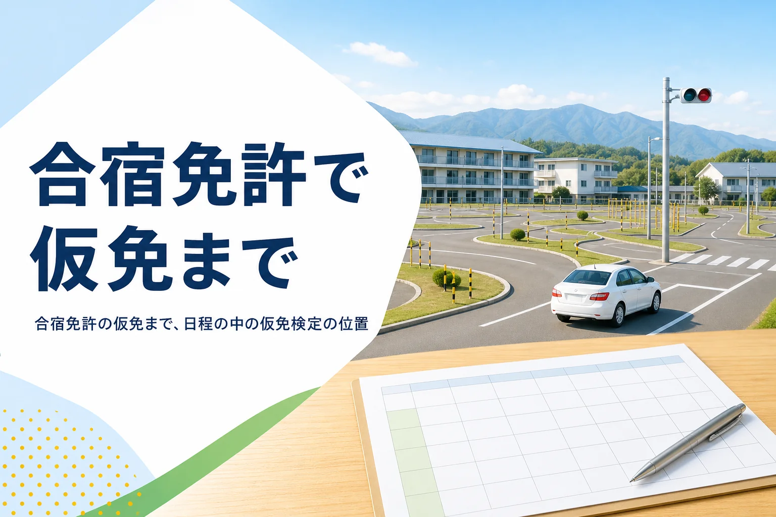 合宿免許で仮免までの日程と仮免検定の位置を紹介する記事のアイキャッチ。合宿先の教習所のコース