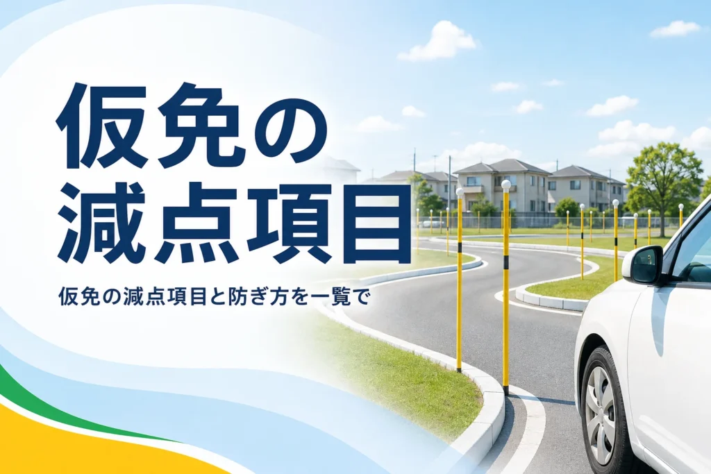 仮免の減点項目と点数、防ぎ方を紹介する記事のアイキャッチ。教習所のクランクの入口と教習車