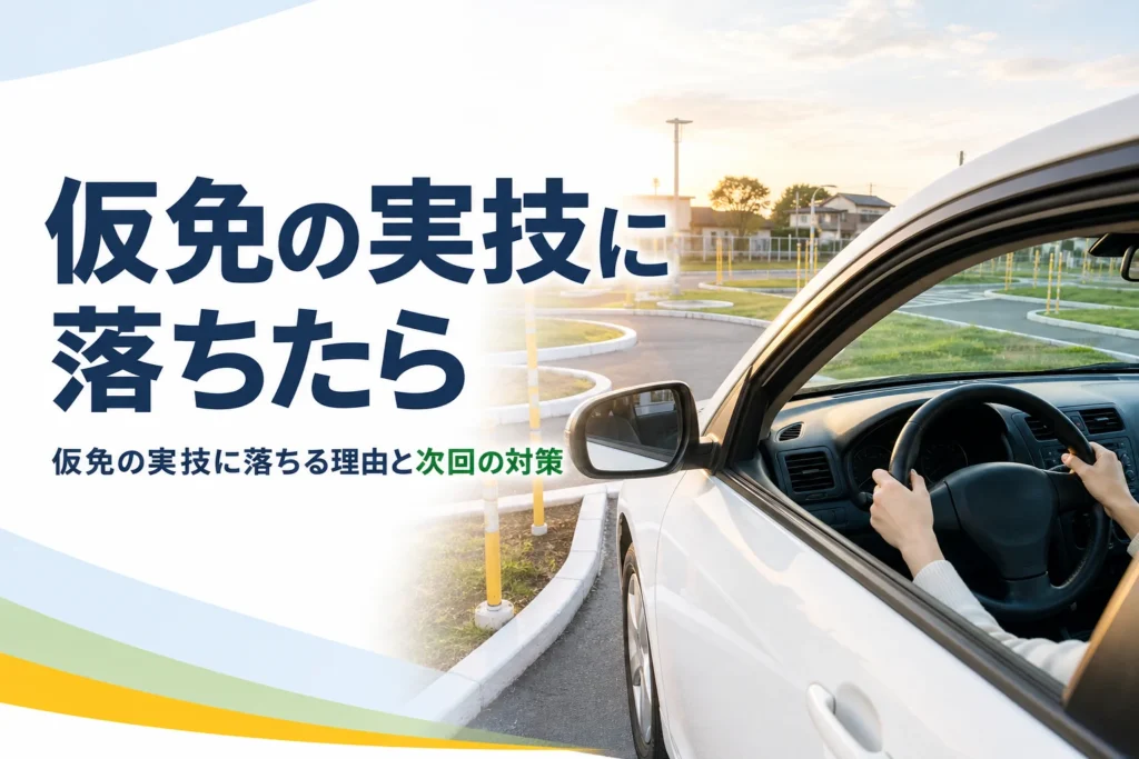 仮免の技能（実技）に落ちた時のよくある理由と次回の対策を紹介する記事のアイキャッチ。教習所のクランクの入口と教習車