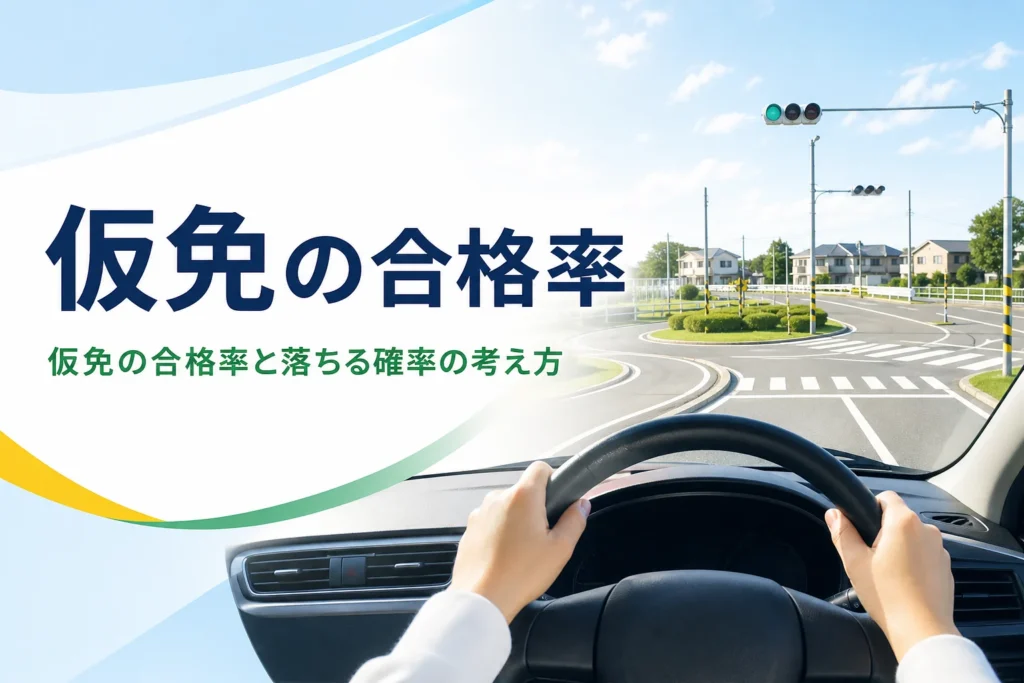 仮免の合格率と落ちる確率の考え方を紹介する記事のアイキャッチ。教習車の運転席から見た教習所のコース