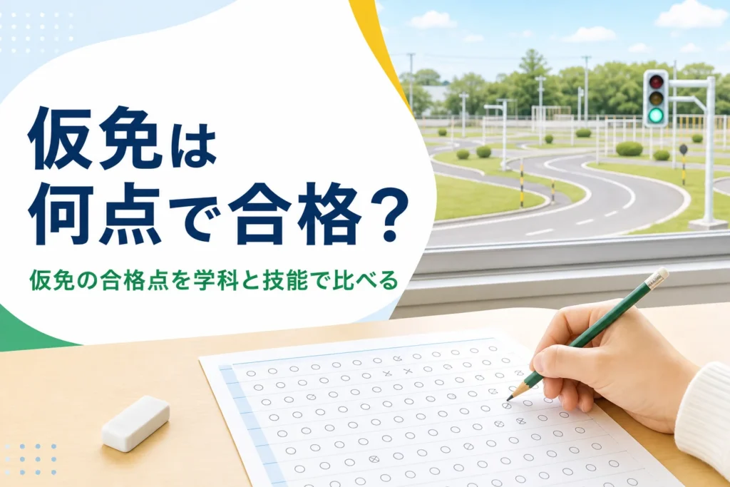 仮免は何点で合格かを学科と技能に分けて紹介する記事のアイキャッチ。学科教室の机の解答用紙と窓の外の教習所のコース