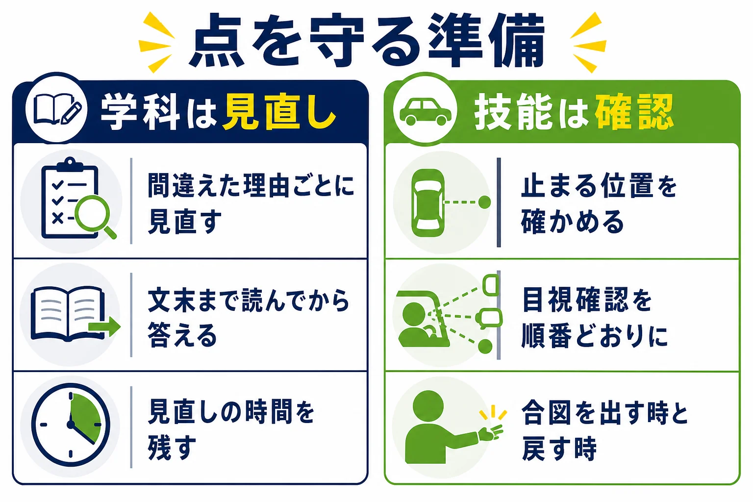 仮免の学科と技能で点を守るための準備を、学科3つ・技能3つに分けたチェックリストの図解