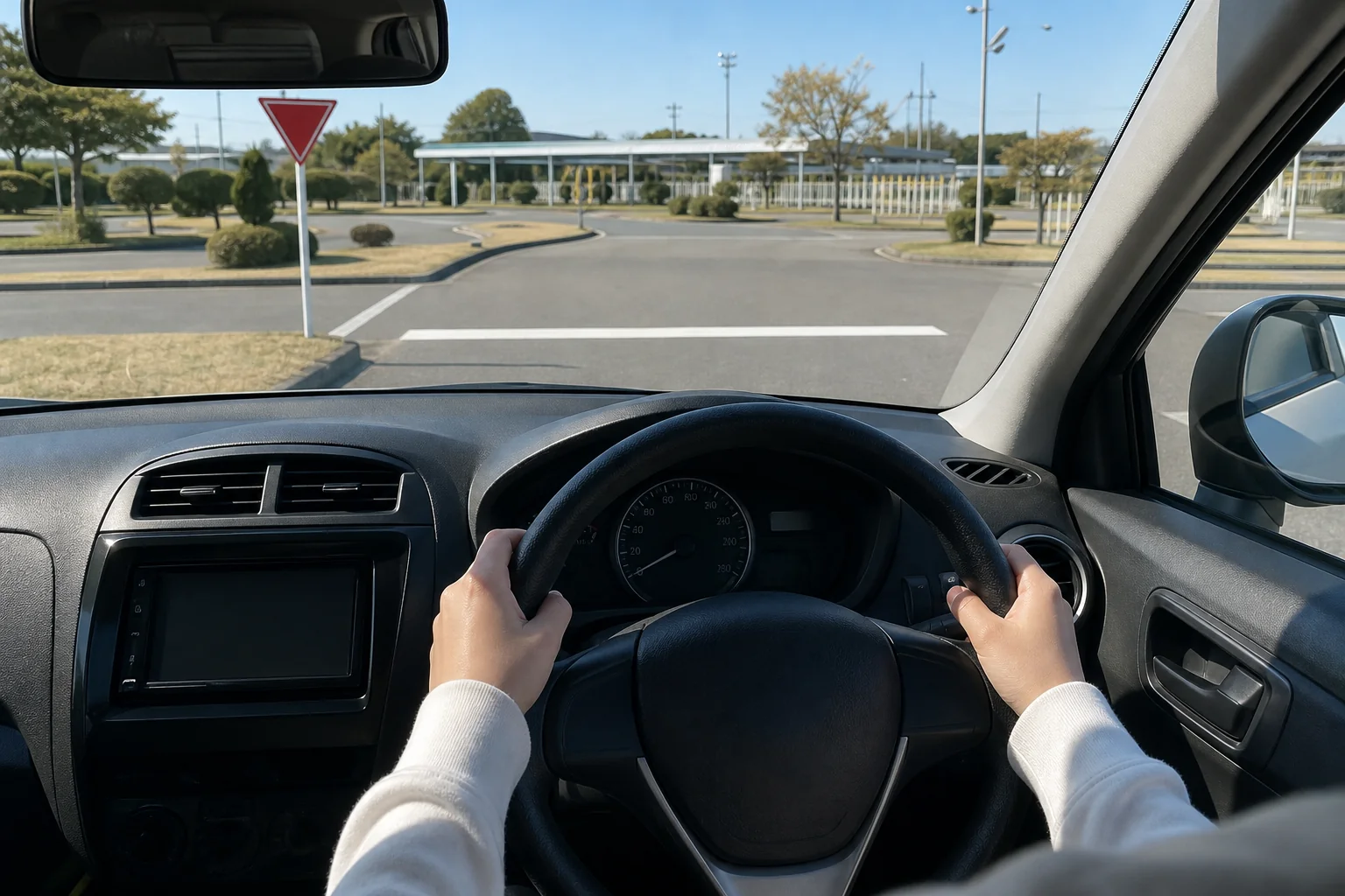 教習所のコースで、一時停止の標識の停止線の手前でしっかり止まっている教習車の運転席からの写真