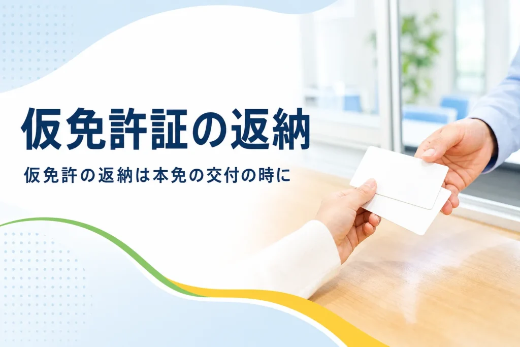 仮免許証の返納の理由と流れを紹介する記事のアイキャッチ。窓口で無地のカードを差し出す手元