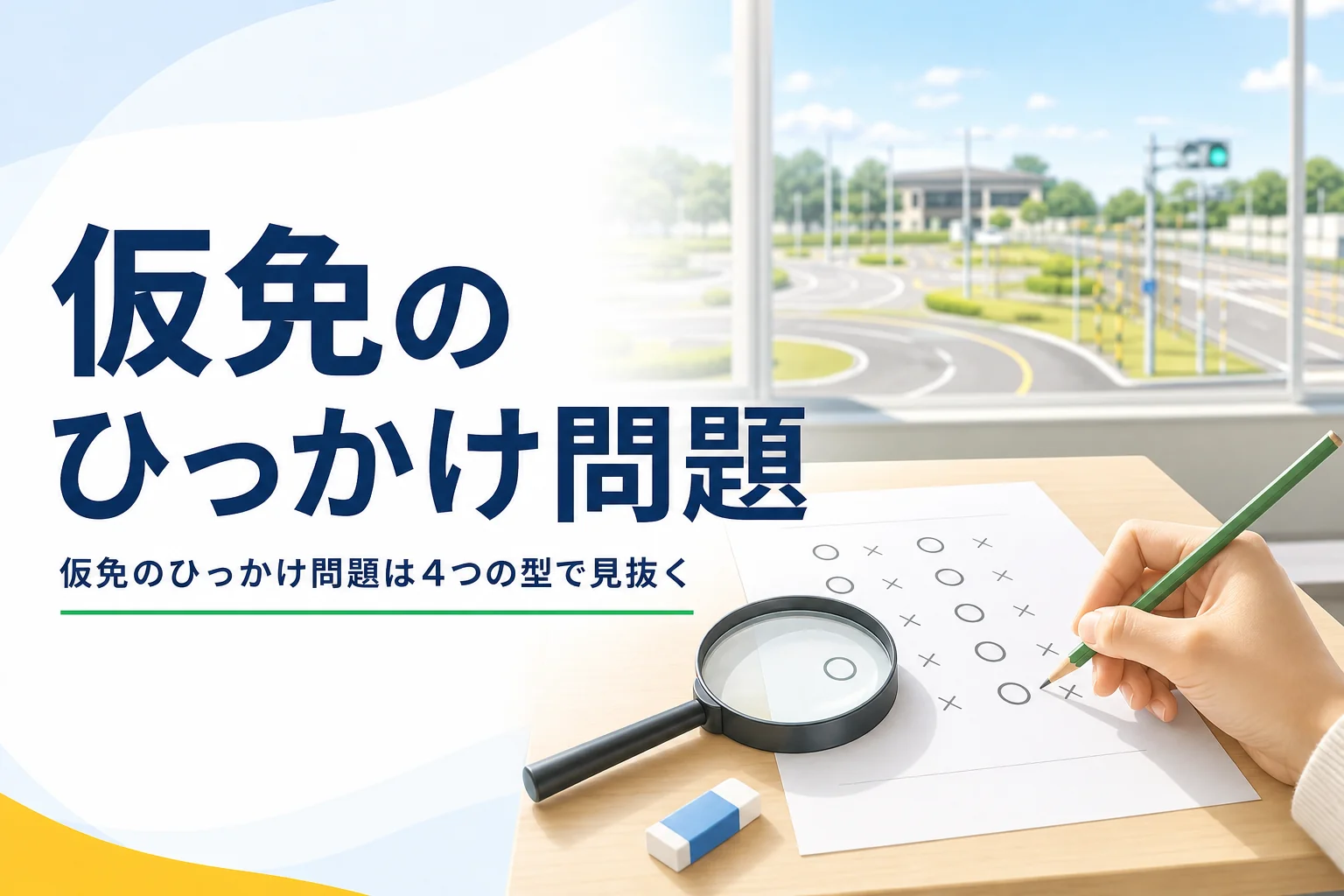 仮免のひっかけ問題のよく出るパターンと見抜き方を紹介する記事のアイキャッチ。問題用紙と虫めがね
