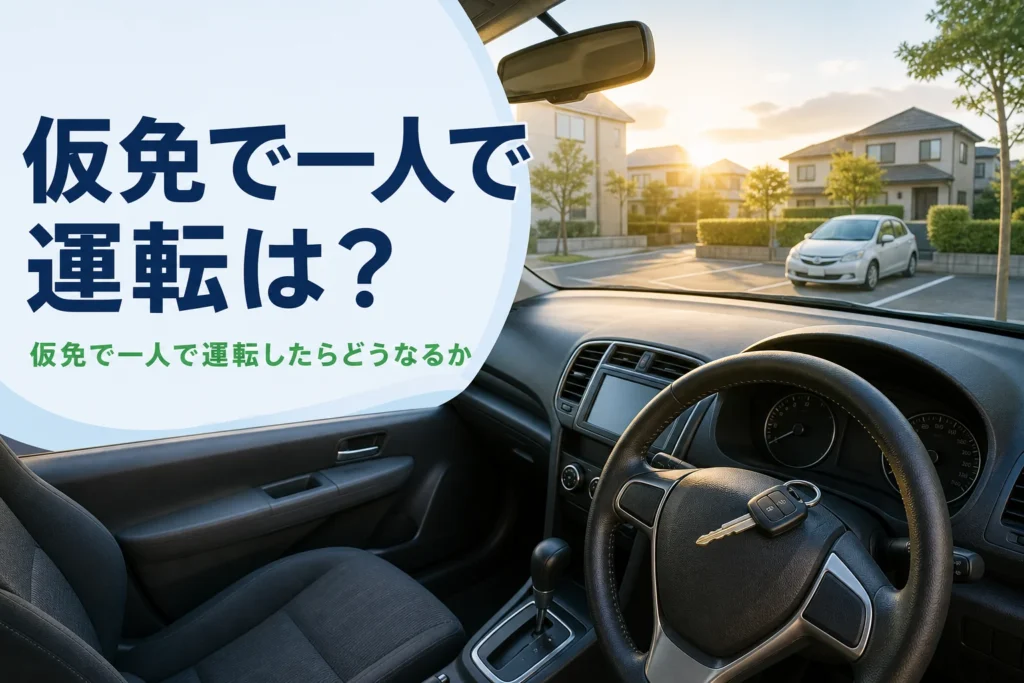 仮免で一人で運転したらどうなるかを紹介する記事のアイキャッチ。助手席が空いた車の運転席