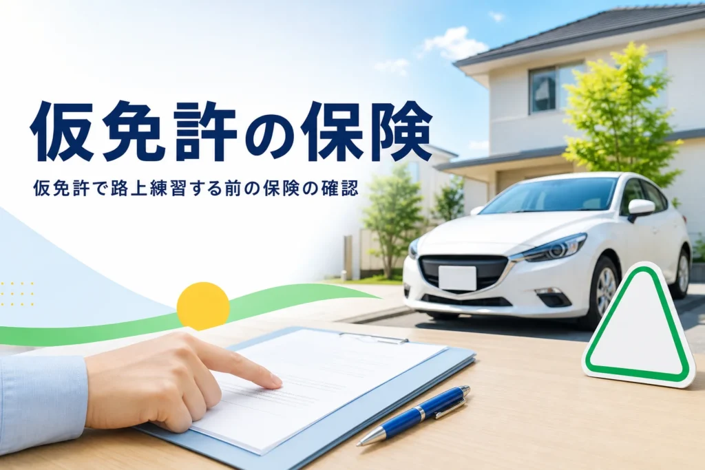 仮免許で路上練習する前に自動車保険を確かめる記事のアイキャッチ。家の前の車と保険の書類