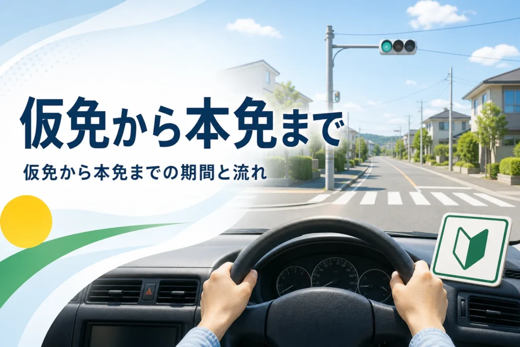 仮免から本免までの期間と流れを紹介する記事のアイキャッチ。教習車の運転席から見た路上