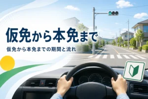 仮免から本免までの期間と流れを紹介する記事のアイキャッチ。教習車の運転席から見た路上