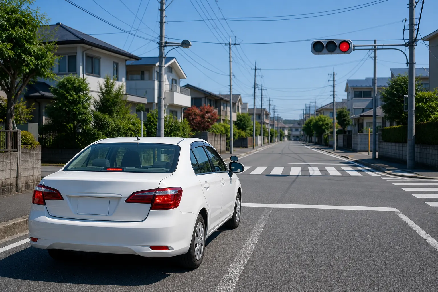 仮免後の第二段階で走る、住宅街の道路と交差点の写真