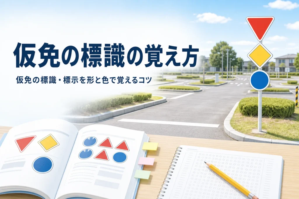 仮免の標識・標示の覚え方を紹介する記事のアイキャッチ。教習所のコースに立つ標識と路面の停止線