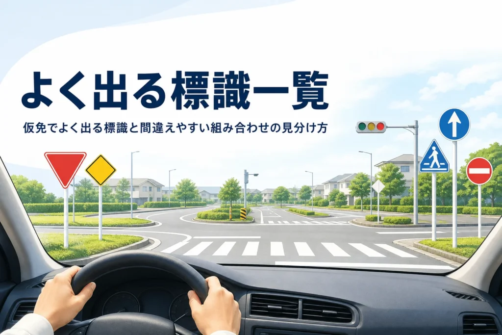 仮免でよく出る標識の一覧と見分け方を紹介する記事のアイキャッチ。教習所の交差点に立つ標識と路面の停止線