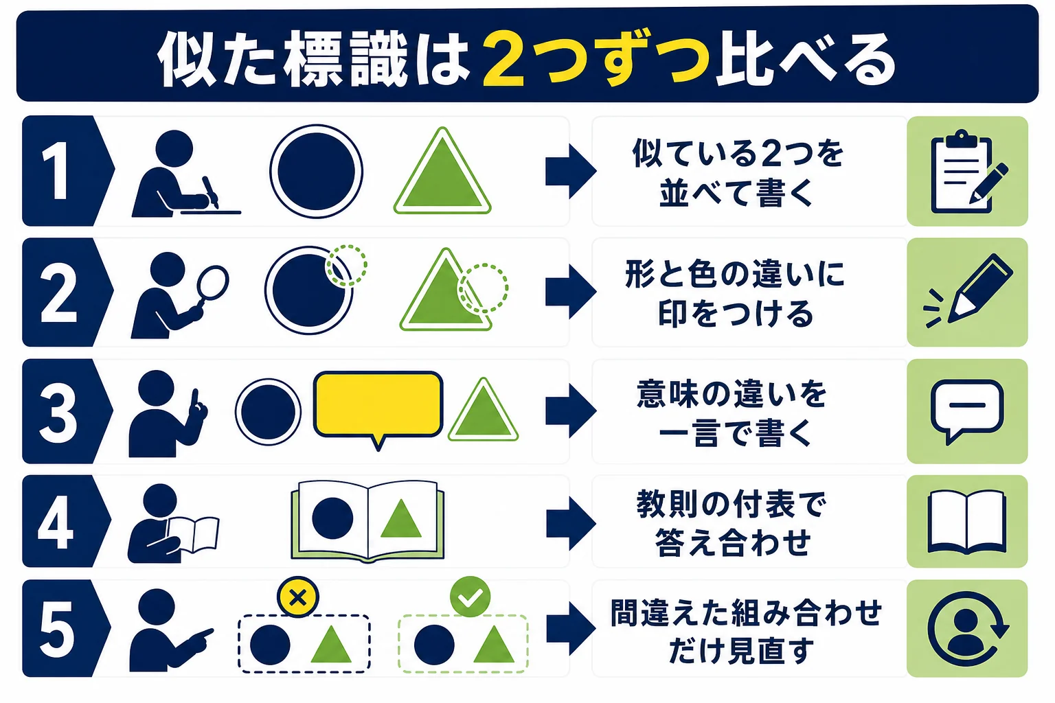似ている標識を2つずつ並べて比べ、違いを一言で書いて教則で答え合わせする手順の図解