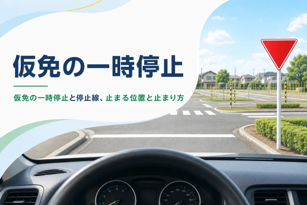 仮免の一時停止と停止線の止まり方を紹介する記事のアイキャッチ。停止線の手前に止まった教習車