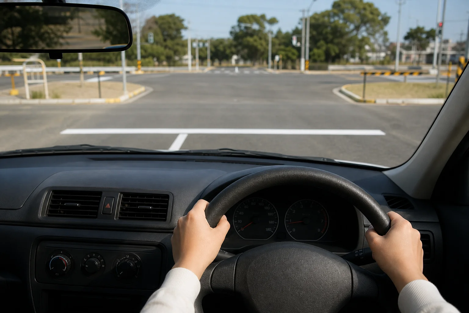運転席から停止線の見え方を確かめ、止まる位置の目印を作るイメージ写真