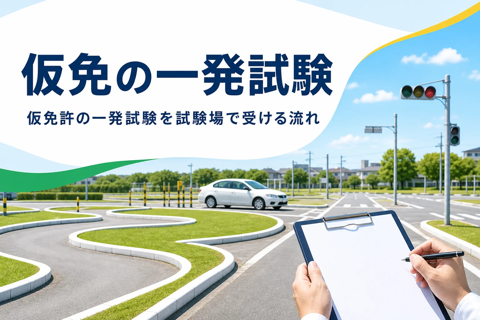 仮免許の一発試験を運転免許試験場で受ける流れと手数料を紹介する記事のアイキャッチ。試験場の技能試験コース