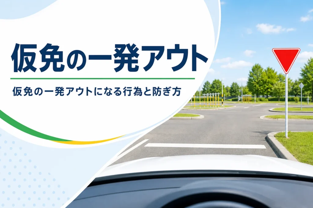 仮免の一発アウト（検定中止）になる行為と防ぎ方を紹介する記事のアイキャッチ。教習所のコースの一時停止の場所
