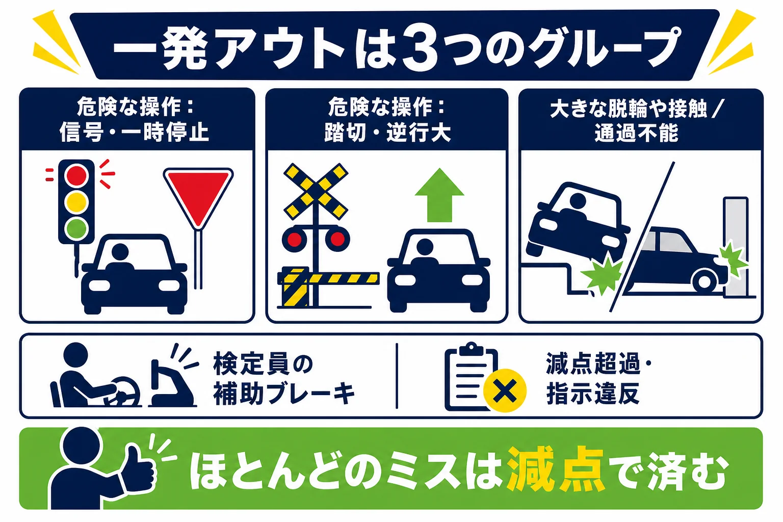 仮免の一発アウトになる行為を、危険な操作・大きな脱輪や接触・指示や補助の3つに分けた図解