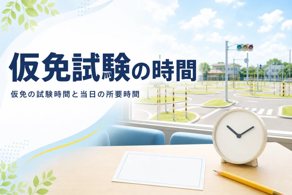 仮免の試験時間と当日の所要時間を紹介する記事のアイキャッチ。教習所の待合の机の時計と受験票
