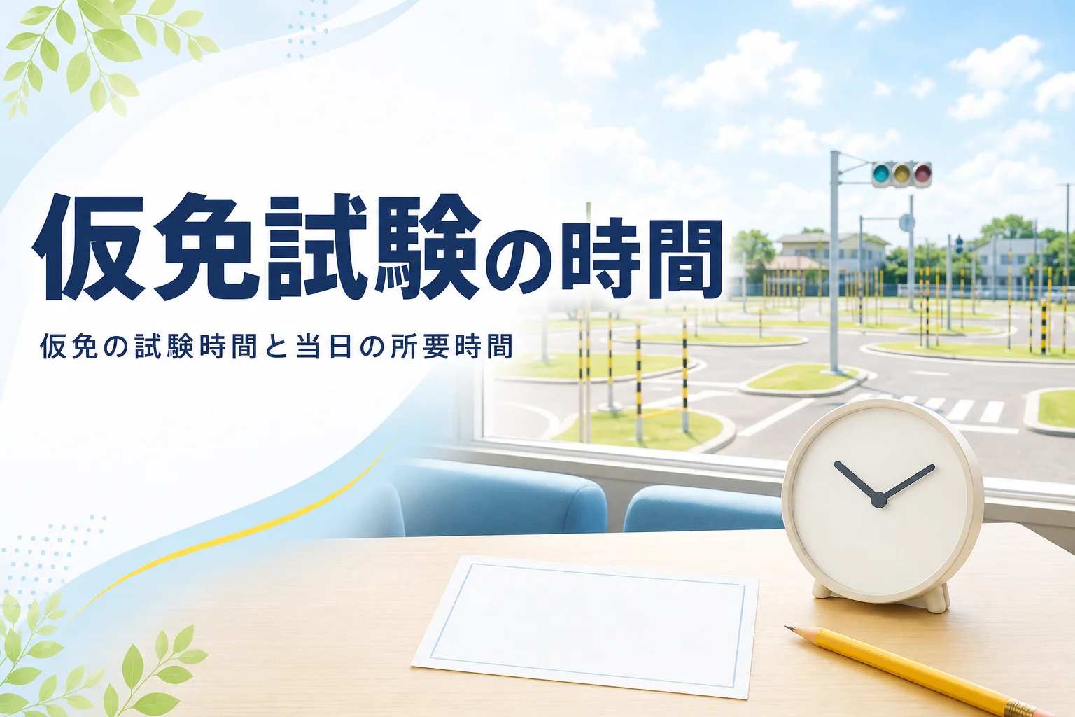 仮免の試験時間と当日の所要時間を紹介する記事のアイキャッチ。教習所の待合の机の時計と受験票