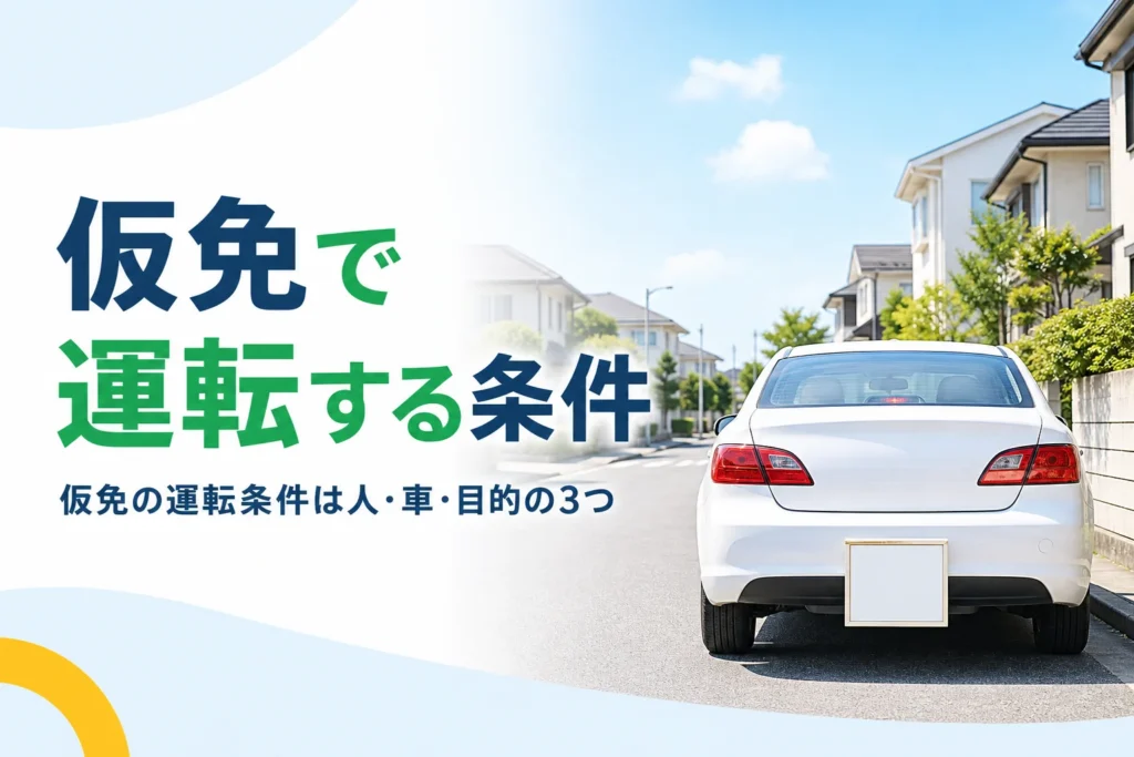 仮免で運転する条件を人・車・目的の3つで紹介する記事のアイキャッチ。家の前に止めた練習用の車