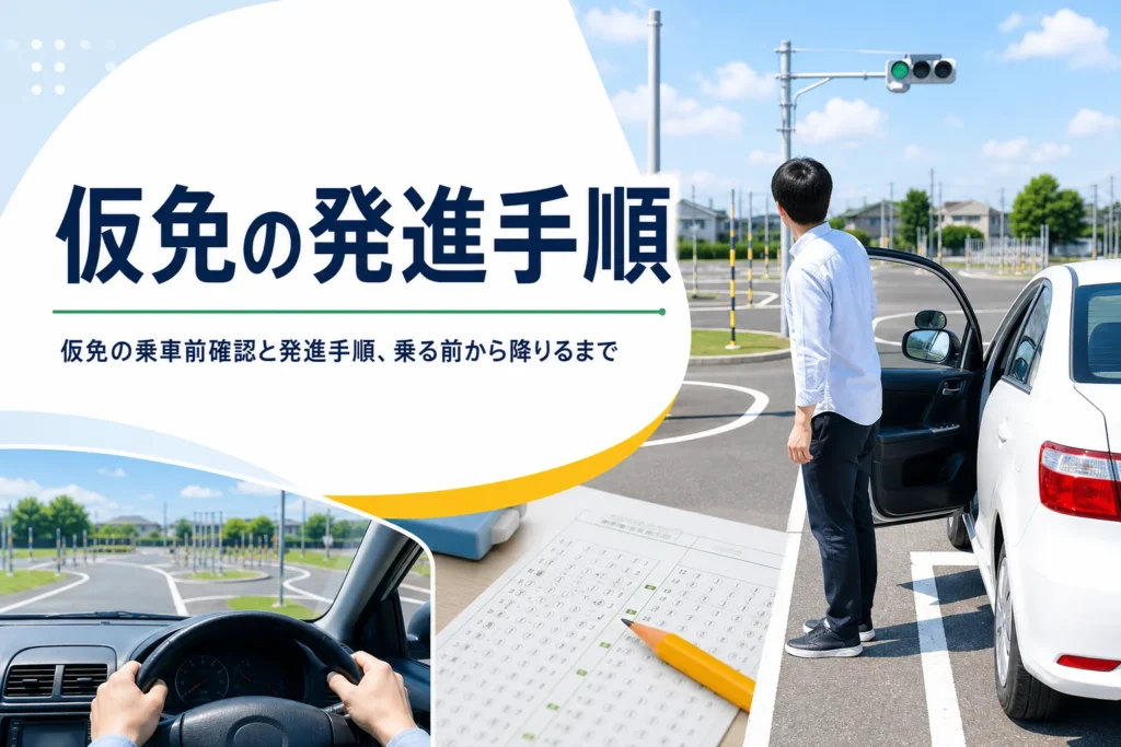 仮免の乗車前確認と発進手順を紹介する記事のアイキャッチ。教習車の横で後方を確かめる後ろ姿