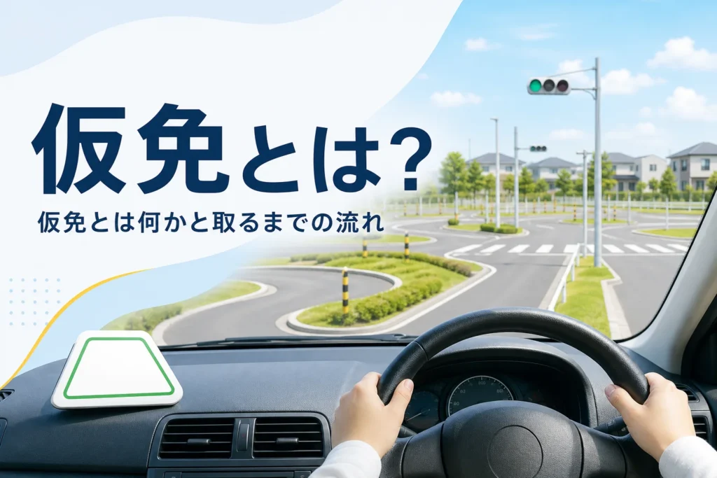 仮免とは何かと、仮免許を取るまでの流れを紹介する記事のアイキャッチ。教習所のコースと運転席のハンドル