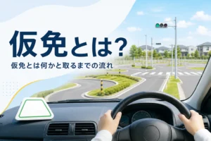 仮免とは何かと、仮免許を取るまでの流れを紹介する記事のアイキャッチ。教習所のコースと運転席のハンドル